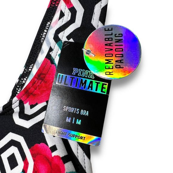 Victorias Secret Pink Ultimate Sport Bra M Logo Floral Print Light Support Black - Picture 7 of 10